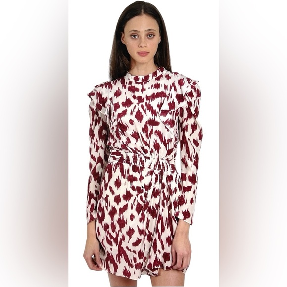 Isabel Marant Etoile‎ Silk Dress Off White Burgundy Ruffled Short L/S Size 44 - Picture 1 of 14